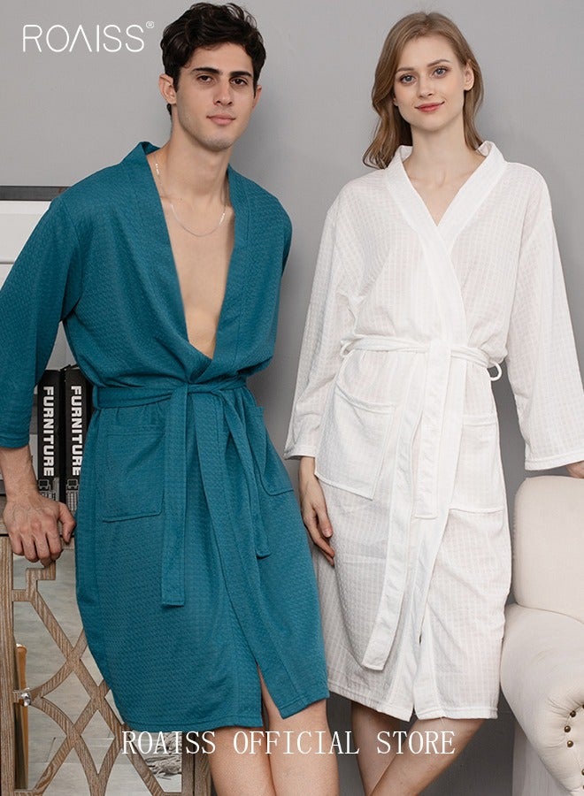 roaiss Women and Men Waffle Kimono Bathrobe Cotton Sleepwear Spa Robe Nightwear Nightgown Women Water Bathrobe Bridesmaid Robes Unisex Dressing Gown Autumn Robe - Image 4