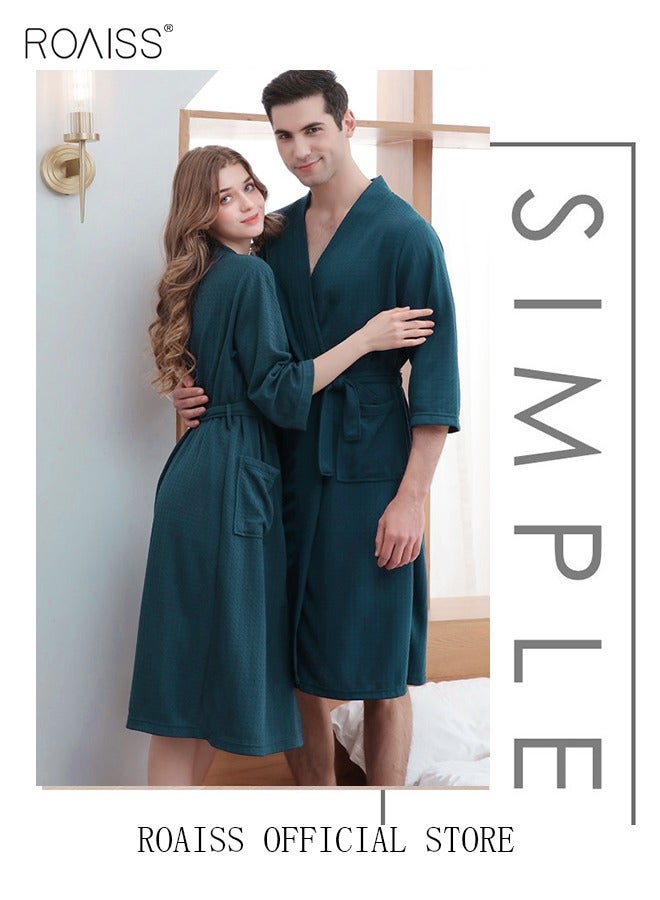 roaiss Women and Men Waffle Kimono Bathrobe Cotton Sleepwear Spa Robe Nightwear Nightgown Women Water Bathrobe Bridesmaid Robes Unisex Dressing Gown Autumn Robe - Image 3