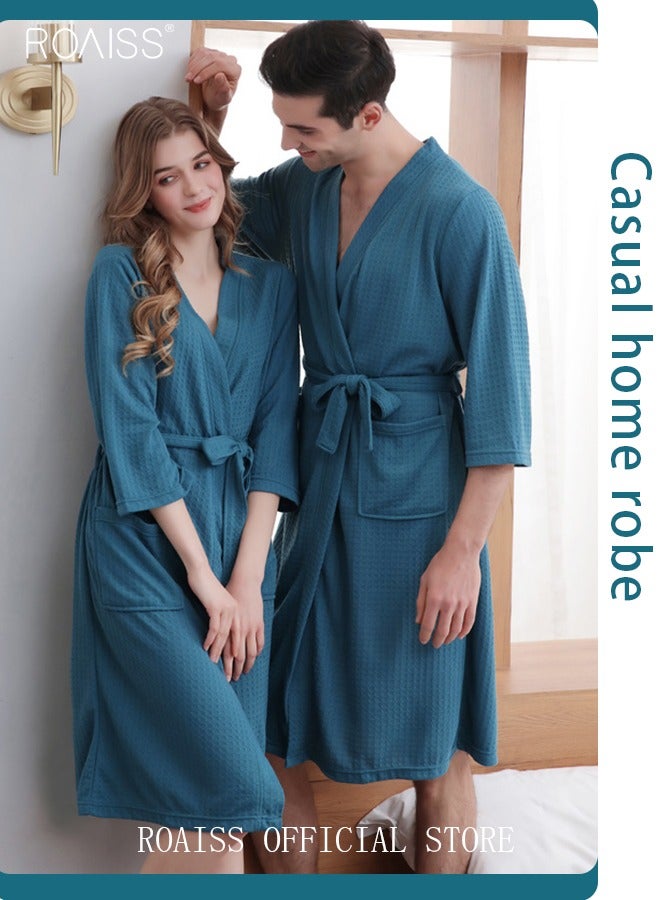 roaiss Women and Men Waffle Kimono Bathrobe Cotton Sleepwear Spa Robe Nightwear Nightgown Women Water Bathrobe Bridesmaid Robes Unisex Dressing Gown Autumn Robe - Image 2
