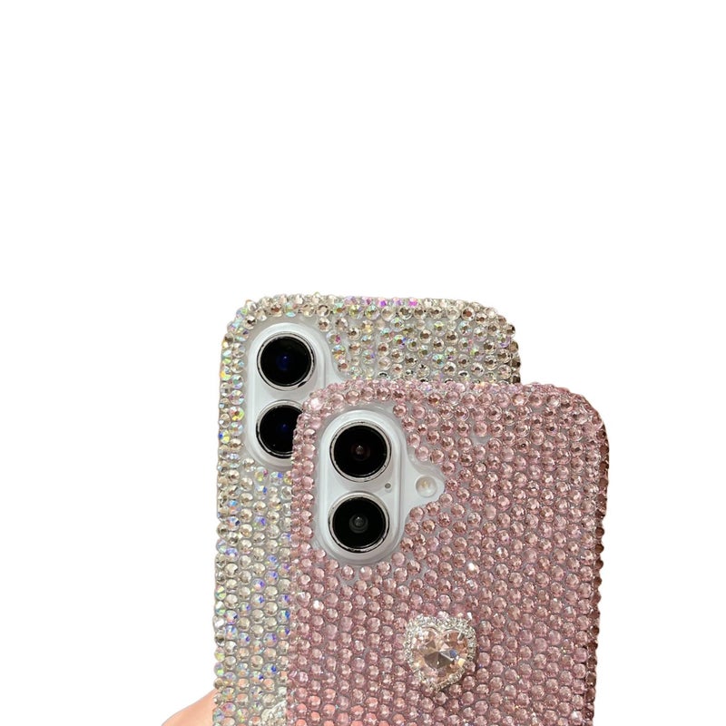 MS غطاء واقي بABS لـ iPhone 17 / 17 Air / 17 Pro / 17 Pro Max مع ألماس ثلاثي الأبعاد لامع وشرابة قلب مع مرصع بالكامل بالألماس باللون Silver باللون الفضي - Image 5