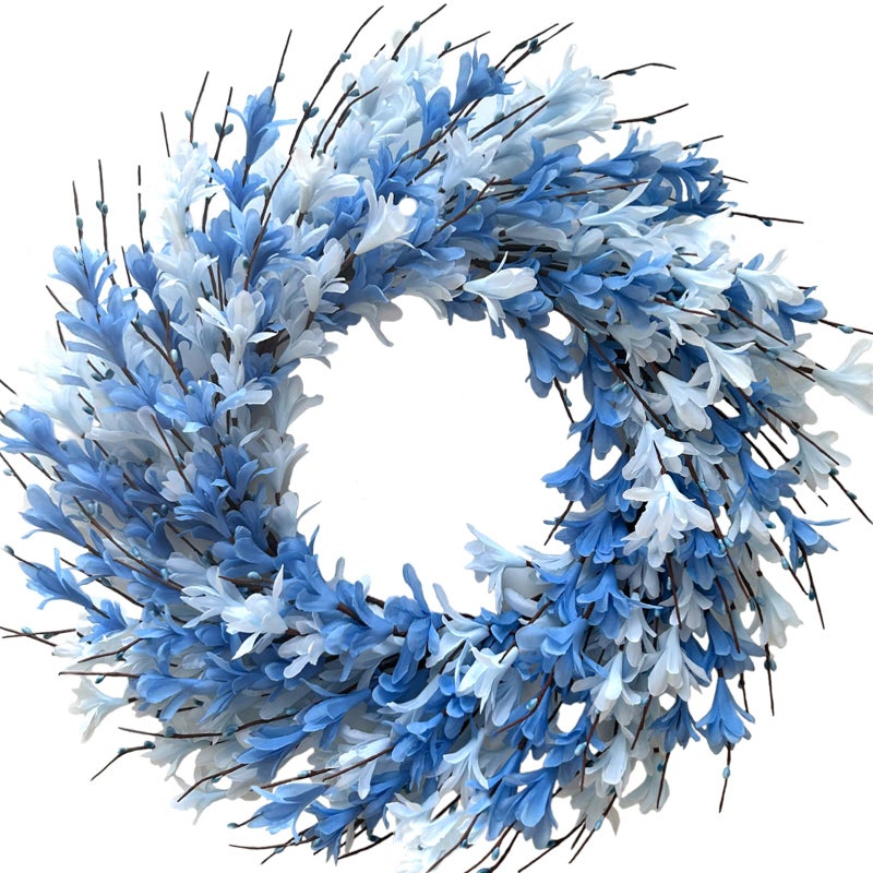 Bibelot 22inch Artificial Forsythia Flower Wreath Spring Summer Fall Wreath Silk Leaves for Front Door Porch Farmhouse Patio Garden Home Decor (Blue) - Image 1