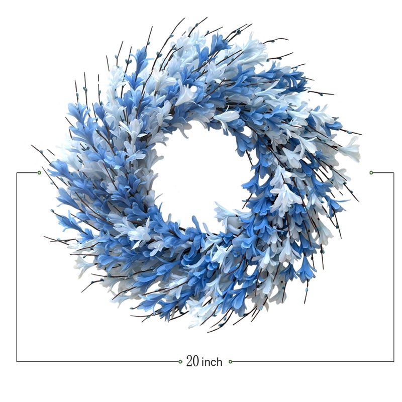 Bibelot 22inch Artificial Forsythia Flower Wreath Spring Summer Fall Wreath Silk Leaves for Front Door Porch Farmhouse Patio Garden Home Decor (Blue) - Image 3