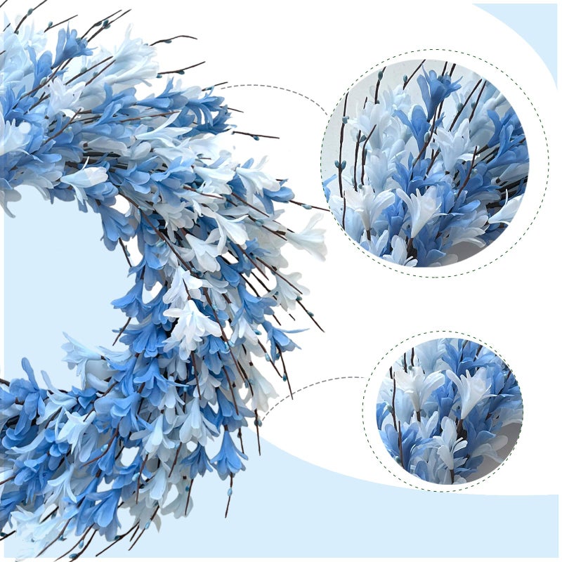 Bibelot 22inch Artificial Forsythia Flower Wreath Spring Summer Fall Wreath Silk Leaves for Front Door Porch Farmhouse Patio Garden Home Decor (Blue) - Image 2