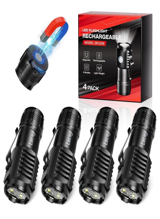 LETMY Rechargeable Mini Flashlights with Magnetic Base, 4 Pack Bright 3 LED Flash Lights, Small Tactical Flashlight with Belt Clip, 4 Lighting Modes Portable Rechargeable Flashlights for Camping Home - Image 1