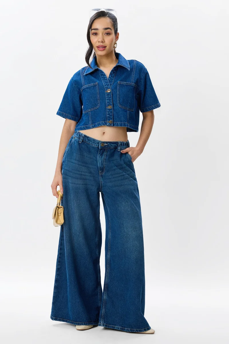 فيرجيو Solid Cotton Cropped Denim Shirt for Women