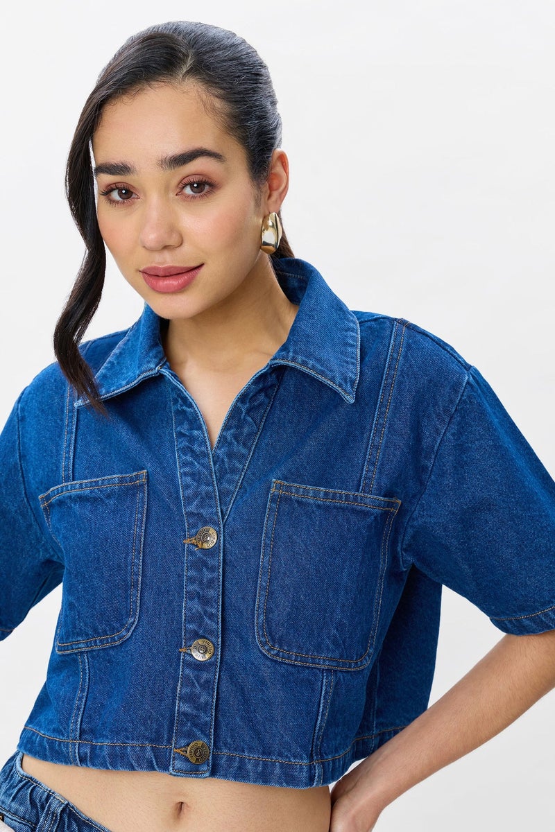 Virgio Solid Cotton Cropped Denim Shirt for Women - Image 5