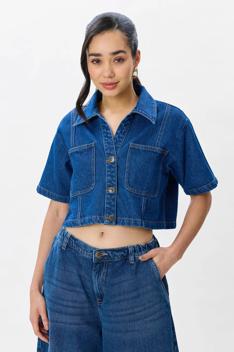 فيرجيو Solid Cotton Cropped Denim Shirt for Women