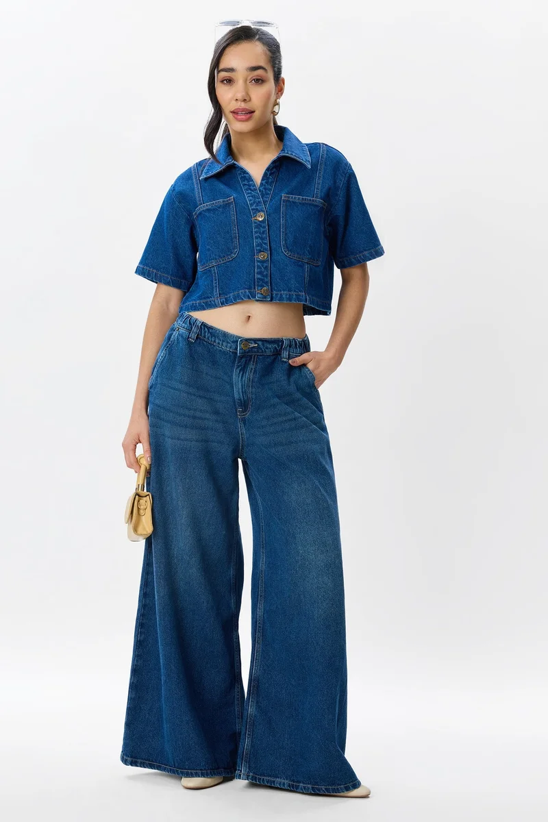 فيرجيو Solid Cotton Cropped Denim Shirt for Women