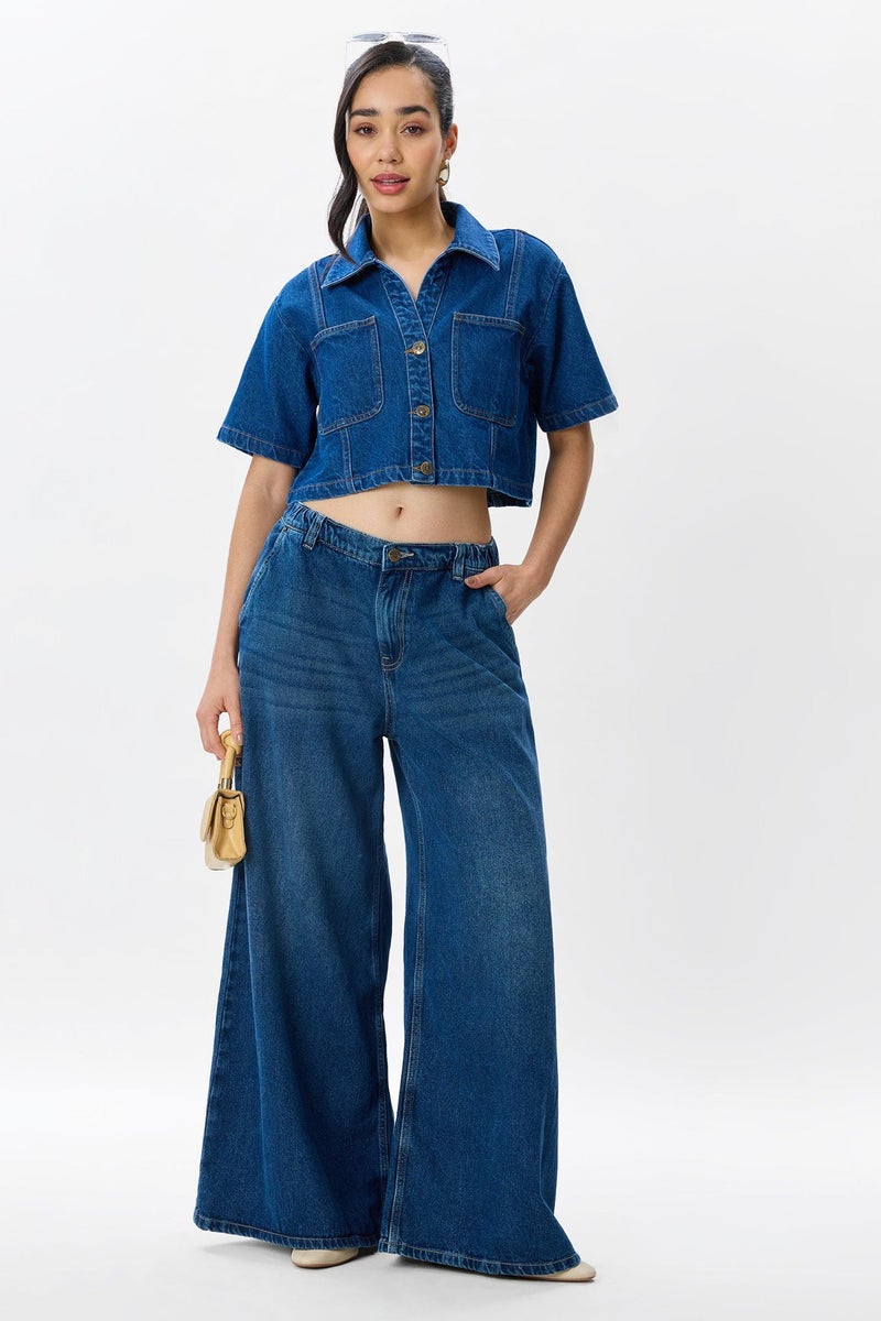 Virgio Solid Cotton Cropped Denim Shirt for Women - Image 2