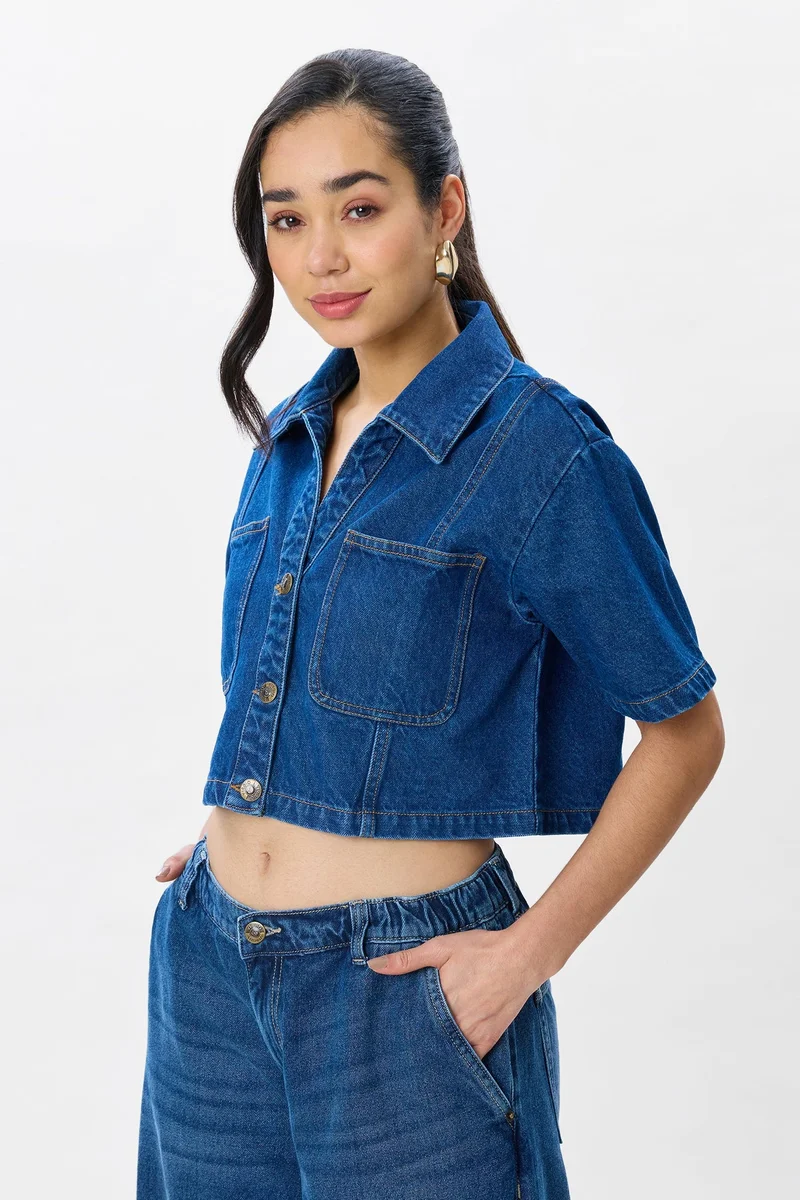 Solid Cotton Cropped Denim Shirt for Women