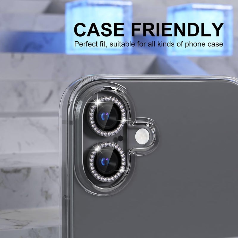Choiche Compatible for iPhone 16 /iPhone 16 Plus Camera Lens Protector Bling, 9H Tempered Glass Camera Cover Screen Protector Metal Ring Decoration Accessories(Diamond-Black) - Image 4
