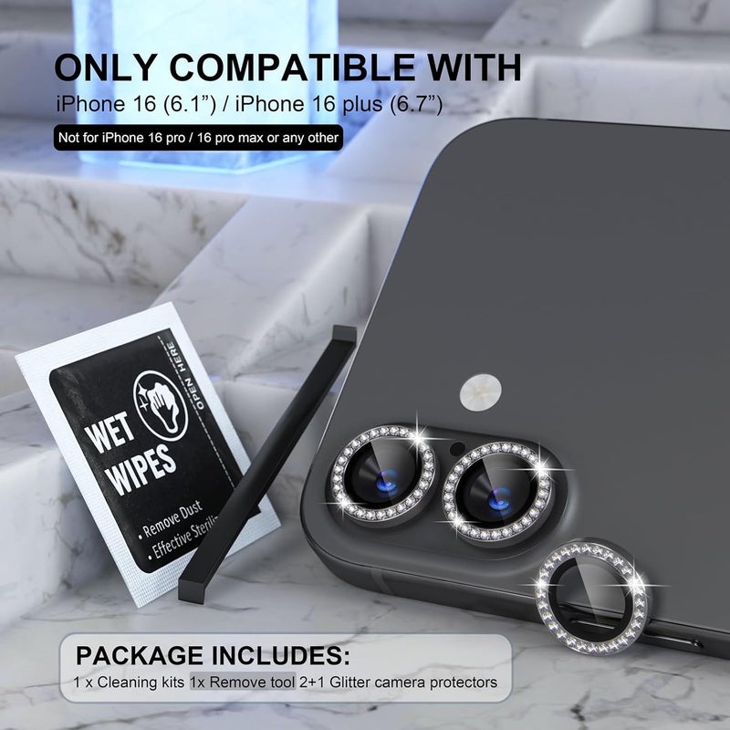 Choiche Compatible for iPhone 16 /iPhone 16 Plus Camera Lens Protector Bling, 9H Tempered Glass Camera Cover Screen Protector Metal Ring Decoration Accessories(Diamond-Black) - Image 2