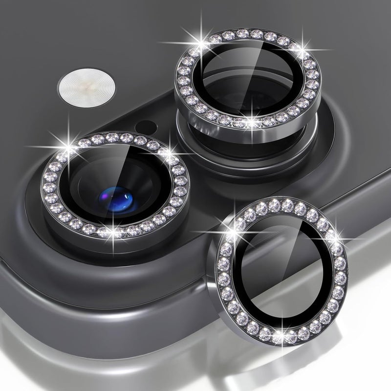 Choiche Compatible for iPhone 16 /iPhone 16 Plus Camera Lens Protector Bling, 9H Tempered Glass Camera Cover Screen Protector Metal Ring Decoration Accessories(Diamond-Black) - Image 1