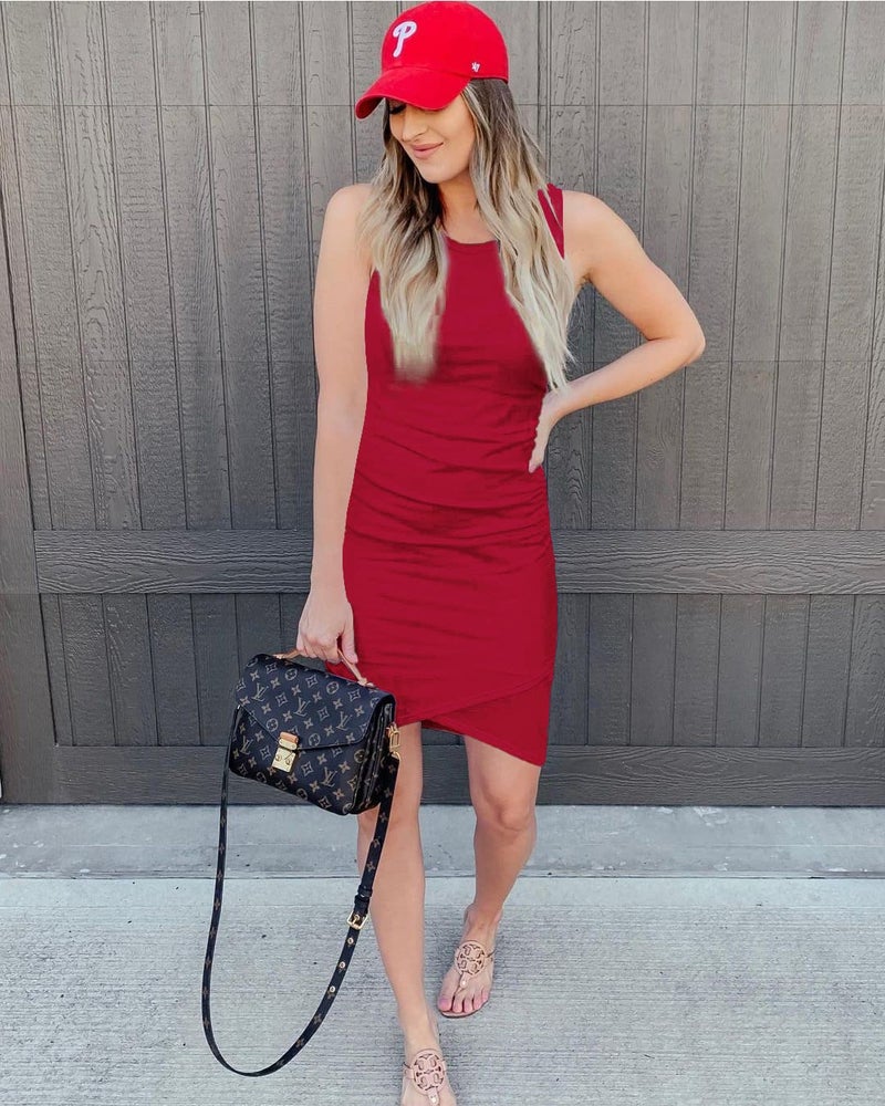BTFBM Women Summer Dresses 2025 Fall Sleeveless Tank Crew Neck Casual Ruched Bodycon Party Club Beach Short Mini Dress(Bright Red, X-Large) - Image 2