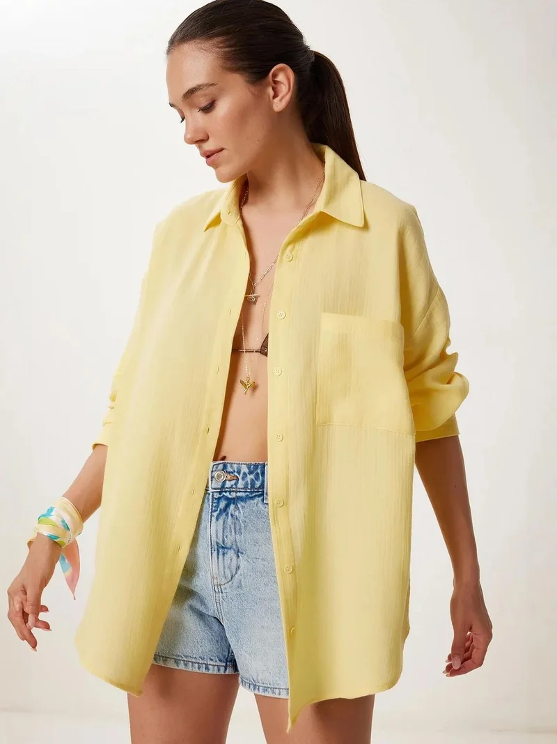 السعادة في إسطنبول ISTANBUL Oversized Textured Cotton Shirt with Pocket