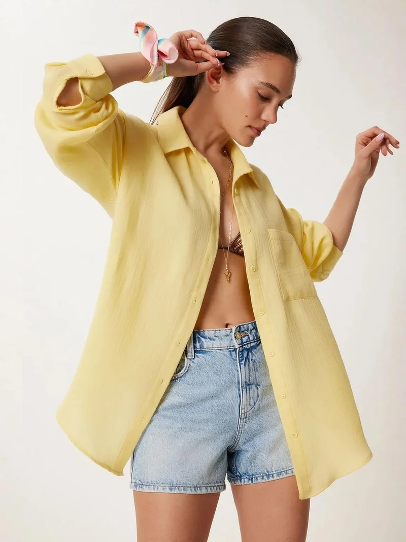 السعادة في إسطنبول ISTANBUL Oversized Textured Cotton Shirt with Pocket