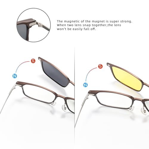 TEAPLMTT Magnetic Clip On Sunglasses for Men Polarized Retro Square Night Driving Al-Mg Glasses UV Protection(Brown) - Image 4