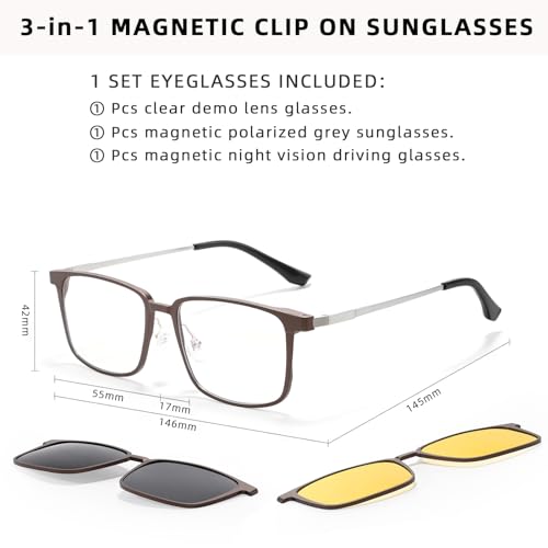 TEAPLMTT Magnetic Clip On Sunglasses for Men Polarized Retro Square Night Driving Al-Mg Glasses UV Protection(Brown) - Image 5