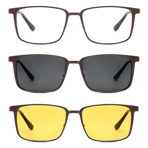 TEAPLMTT Magnetic Clip On Sunglasses for Men Polarized Retro Square Night Driving Al-Mg Glasses UV Protection(Brown) - Image 2