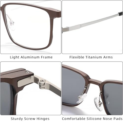 TEAPLMTT Magnetic Clip On Sunglasses for Men Polarized Retro Square Night Driving Al-Mg Glasses UV Protection(Brown) - Image 3