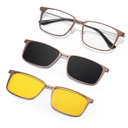 TEAPLMTT Magnetic Clip On Sunglasses for Men Polarized Retro Square Night Driving Al-Mg Glasses UV Protection(Brown) - Image 1