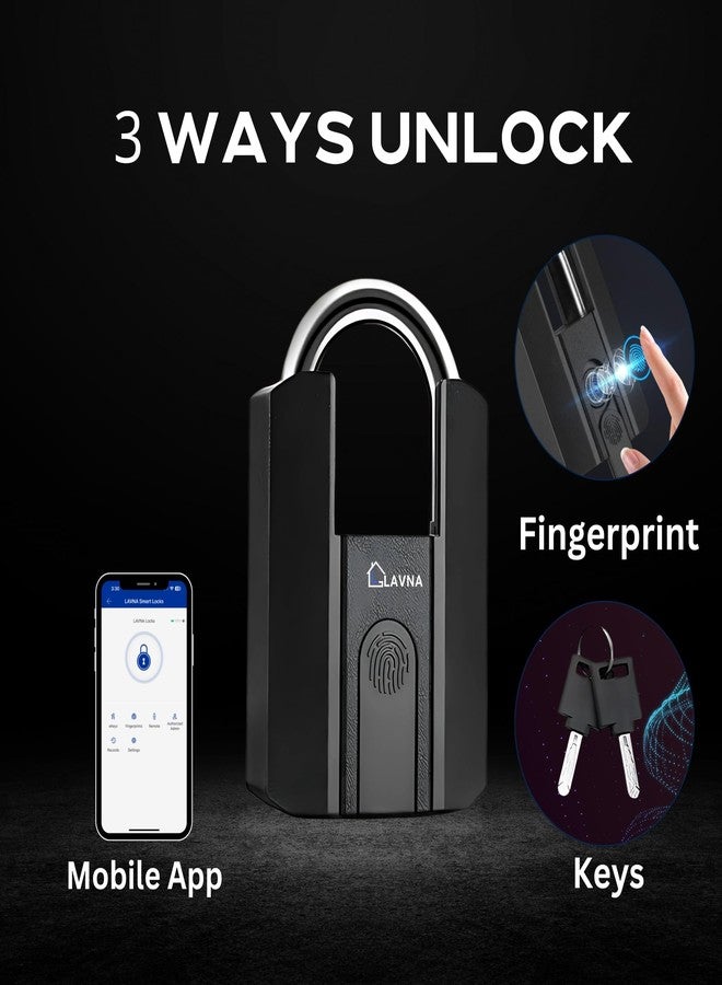 LAVNA Heavy Duty Smart Padlock with 3 Way Access Fingerprint, Mobile App & Key Ip67 Waterproof Suitable for Main Doors, Bags, Suitcase, Garage Door, Cabinet, Warehouse Doors & Shutter (Large) Black - Image 2