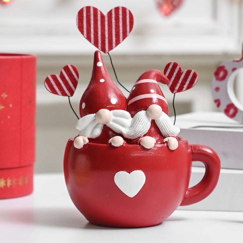 AOMOONOA Red Valentine Gnome Couple in Coffee Cup, Valentine Gnomes for Table Decor, Red Small Gnome Figurine Set - Image 1