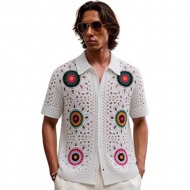 Men's Ethnic Hollow Knit Short Sleeve Polo Shirt - Image 1