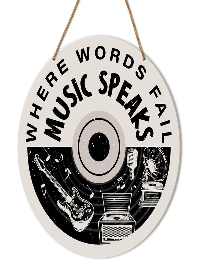 HSNBT Music Sign Wall Decor, Music Room Wall Decor for Man Teen Boy Girl Hanging Sign Christmas Birthday Gift for Music Lover Teacher Musician, Where Words Fail Music Speaks - Image 1