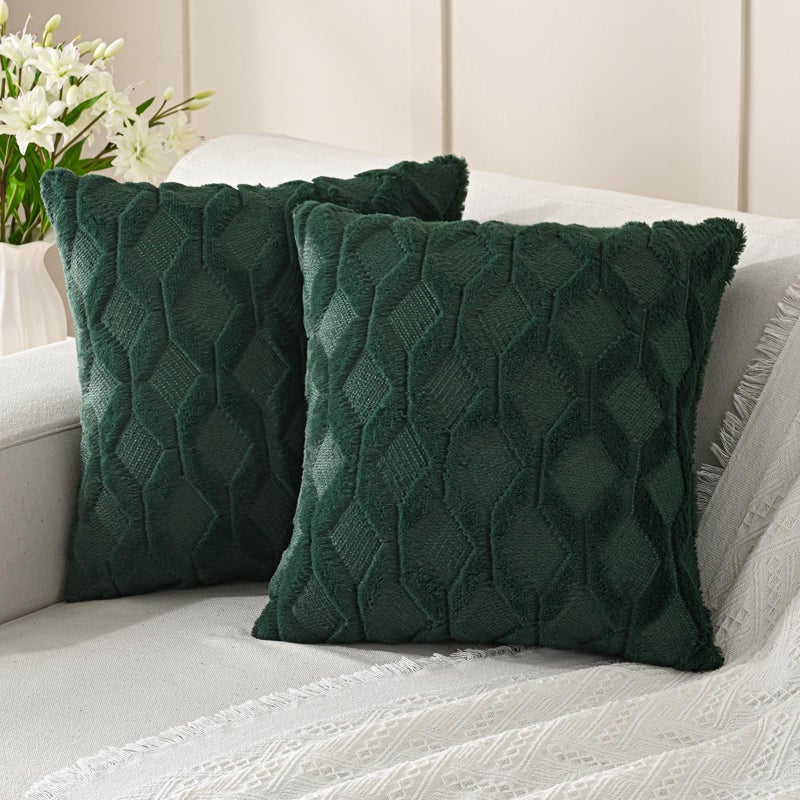 Volcanics Pack of 2 Faux Wool Throw Pillow Covers 20x20 Inches Decorative Farmhouse Velvet Couch Pillow Case Soft Plush Square Boho Cushion Pillowcase Dark Green