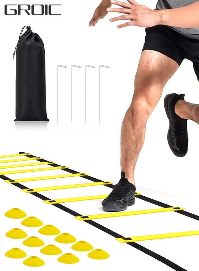 GROIC 20ft Agility Ladder Training Set, Agility Ladder Agility Training Equipment with 12 Plastic Rungs, 12 Agility Cones& 4 Steel Stakes, 4 Triangular Buckle, 1 Carry Bag, for Soccer Speed Training  - Image 1