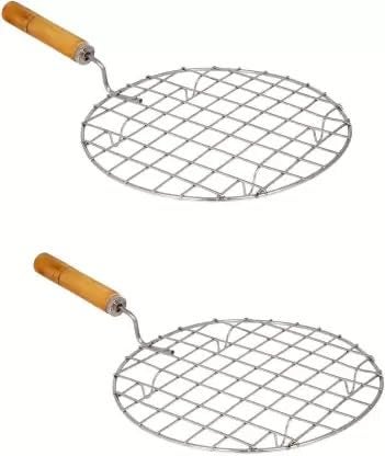 LMR3 Kitchen Round Stainless Steel Roaster Papad Jali, Barbecue Grill with Wooden Handle (Pack of 2) - Image 1