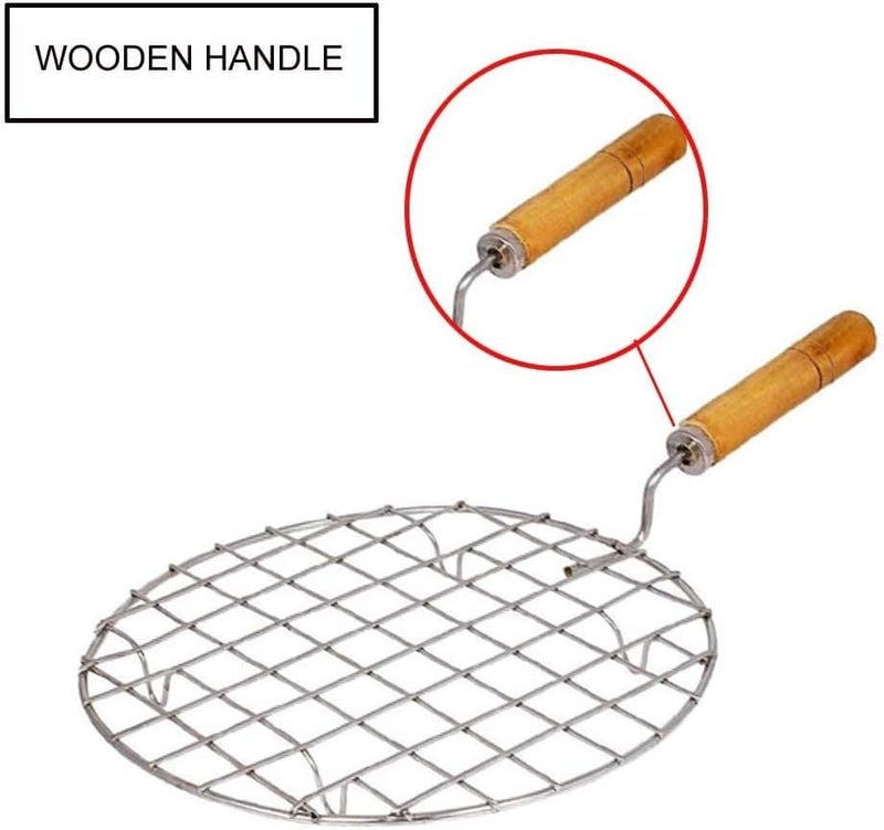 LMR3 Kitchen Round Stainless Steel Roaster Papad Jali, Barbecue Grill with Wooden Handle (Pack of 2) - Image 2