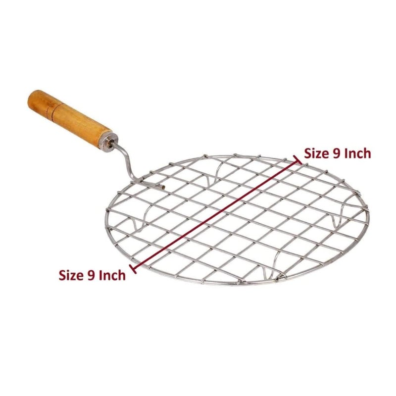 LMR3 Kitchen Round Stainless Steel Roaster Papad Jali, Barbecue Grill with Wooden Handle (Pack of 2) - Image 4
