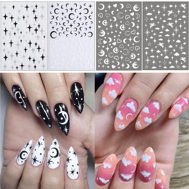 8 Sheets Cloud Moon Nail Stickers 3D Black White Design SelfAdhesive Nail Art DecalsFlame Starlight Butterflies DIY Manicure Decorations for Women Girls
