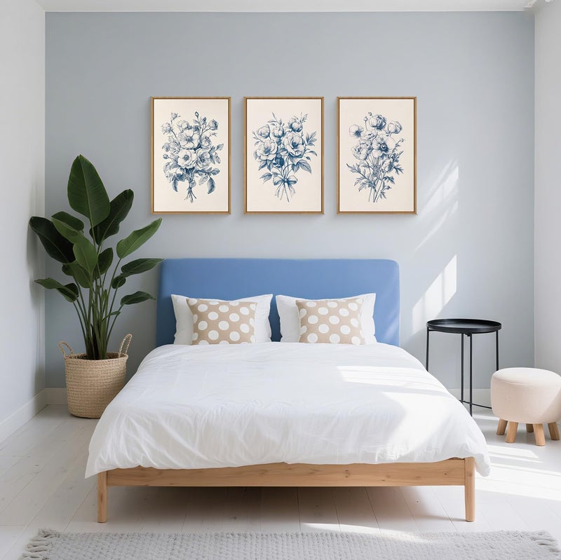 KAIRNE Blue Floral Wall Art Set of 3, Vintage Botanical Flower Framed Canvas Prints, Blue and White Chinoiserie Flower Artwork Decor for Living Room, Bedroom, Office - 16Ã—24 inch - Image 4