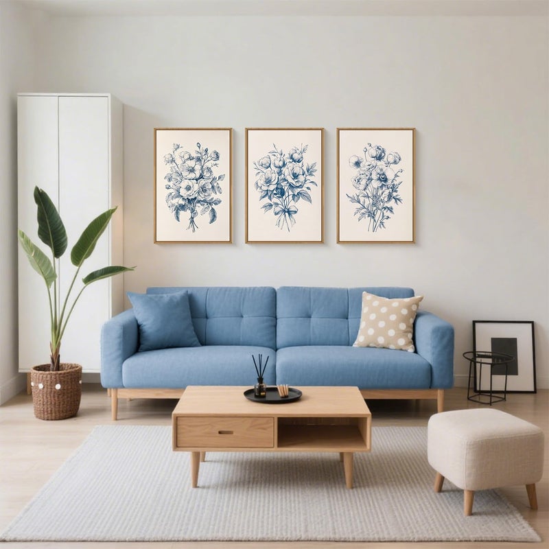 KAIRNE Blue Floral Wall Art Set of 3, Vintage Botanical Flower Framed Canvas Prints, Blue and White Chinoiserie Flower Artwork Decor for Living Room, Bedroom, Office - 16Ã—24 inch - Image 3