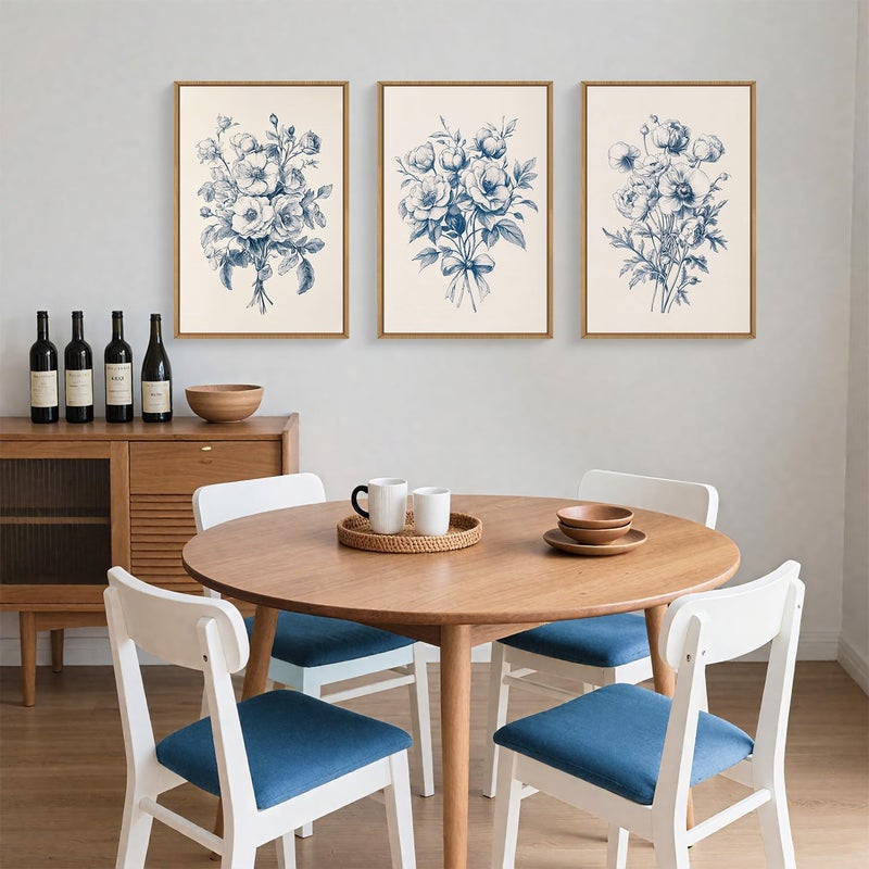 KAIRNE Blue Floral Wall Art Set of 3, Vintage Botanical Flower Framed Canvas Prints, Blue and White Chinoiserie Flower Artwork Decor for Living Room, Bedroom, Office - 16Ã—24 inch - Image 5