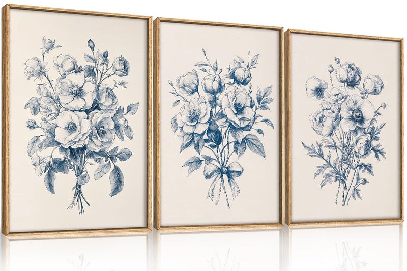 KAIRNE Blue Floral Wall Art Set of 3, Vintage Botanical Flower Framed Canvas Prints, Blue and White Chinoiserie Flower Artwork Decor for Living Room, Bedroom, Office - 16Ã—24 inch - Image 1