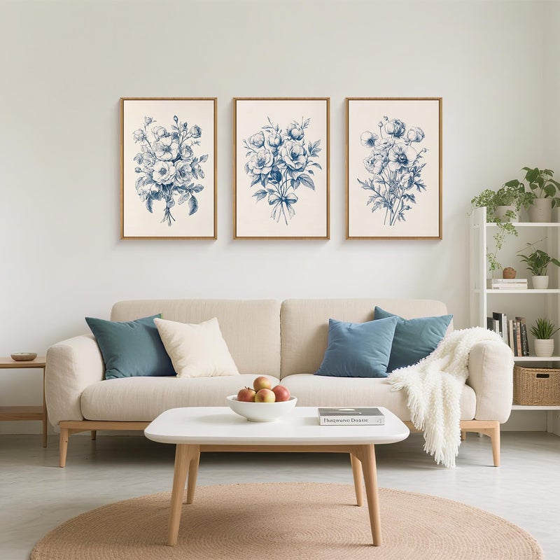 KAIRNE Blue Floral Wall Art Set of 3, Vintage Botanical Flower Framed Canvas Prints, Blue and White Chinoiserie Flower Artwork Decor for Living Room, Bedroom, Office - 16Ã—24 inch - Image 2