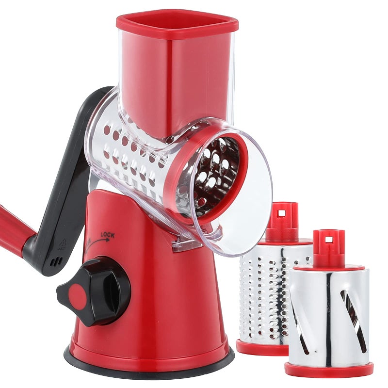 GDL Cheese Grater Rotary Vegetable Slicer with 3 Interchangeable Drum Blades Grater Kitchen Fast Cutting for Time Saving Rotary Grater Suitable for Vegetable Fruit Nut etc