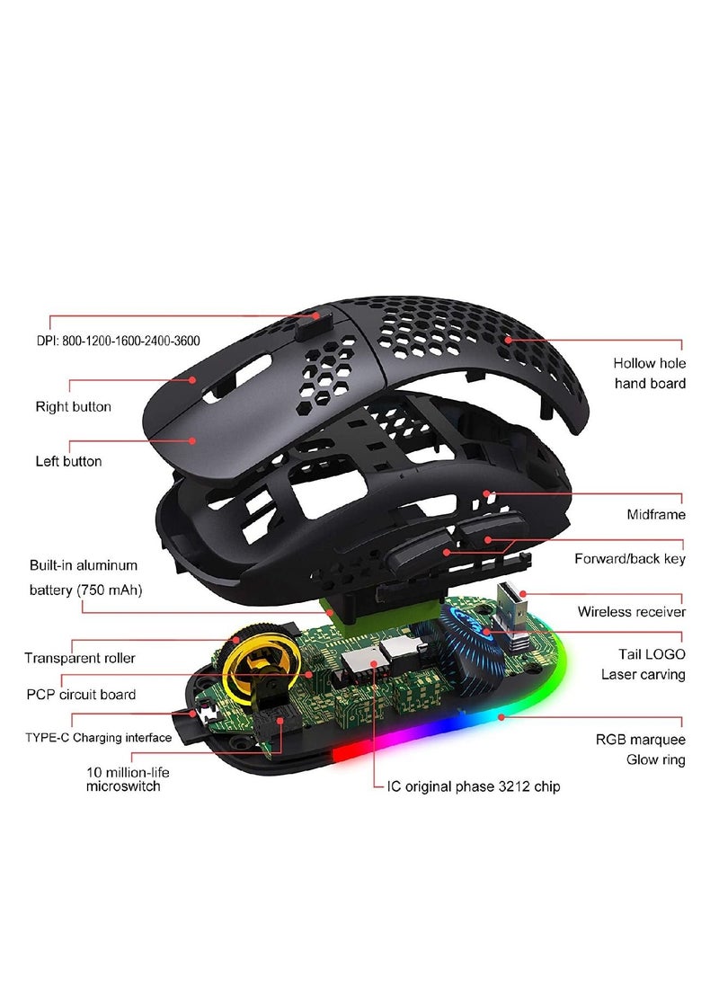 HXSJ T90 Three Mode Wireless Mouse BT 3.0 + 5.0 + Wireless 2.4G Rechargeable Mouse RGB Lighting with Adjustable DPI