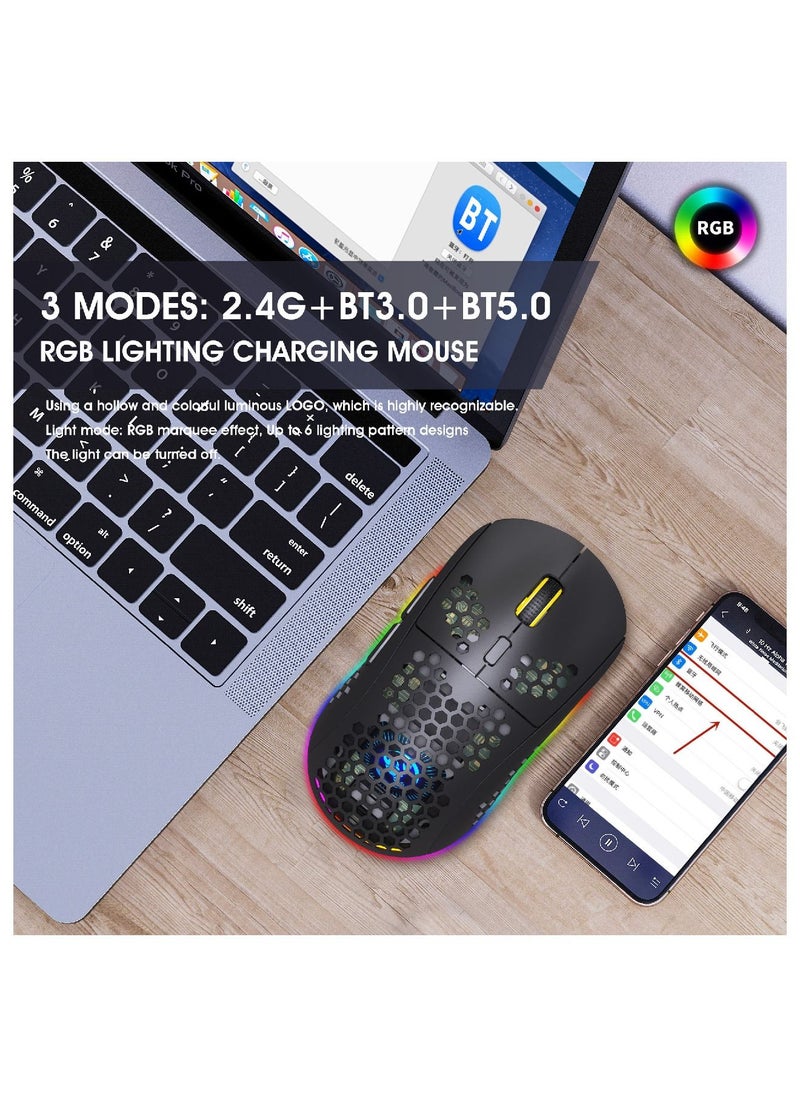 HXSJ T90 Three Mode Wireless Mouse BT 3.0 + 5.0 + Wireless 2.4G Rechargeable Mouse RGB Lighting with Adjustable DPI