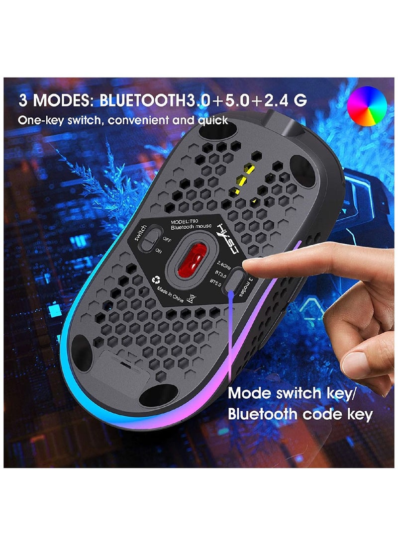 HXSJ T90 Three Mode Wireless Mouse BT 3.0 + 5.0 + Wireless 2.4G Rechargeable Mouse RGB Lighting with Adjustable DPI