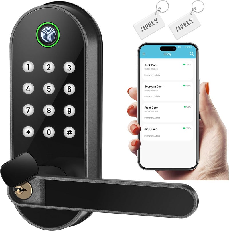 Sifely Fingerprint Smart Door Lock with Handle & Keypad – Bluetooth Keyless Entry for Front Door, Home, Kids, Guests, Airbnb & Rental, App + Code Access, Works with Alexa & Google, Easy DIY Install - Image 1