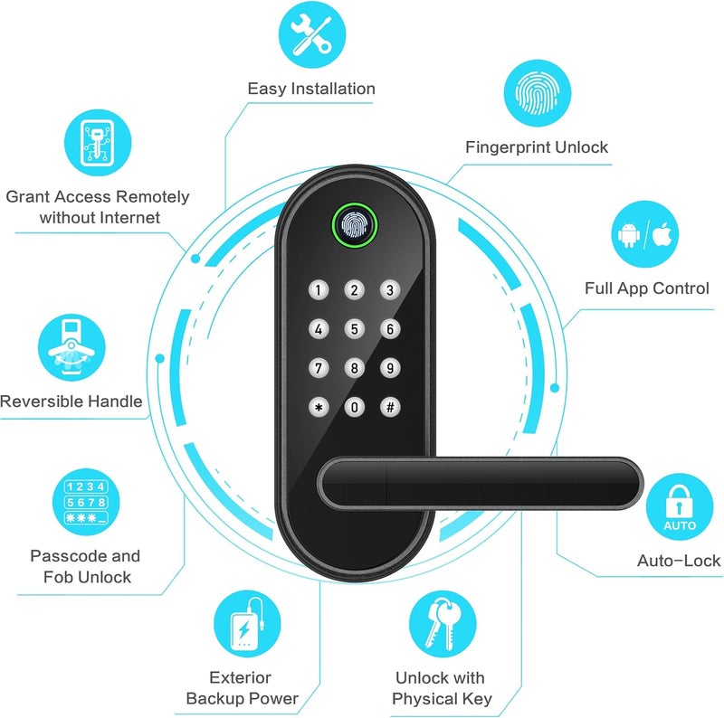 Sifely Fingerprint Smart Door Lock with Handle & Keypad – Bluetooth Keyless Entry for Front Door, Home, Kids, Guests, Airbnb & Rental, App + Code Access, Works with Alexa & Google, Easy DIY Install - Image 2