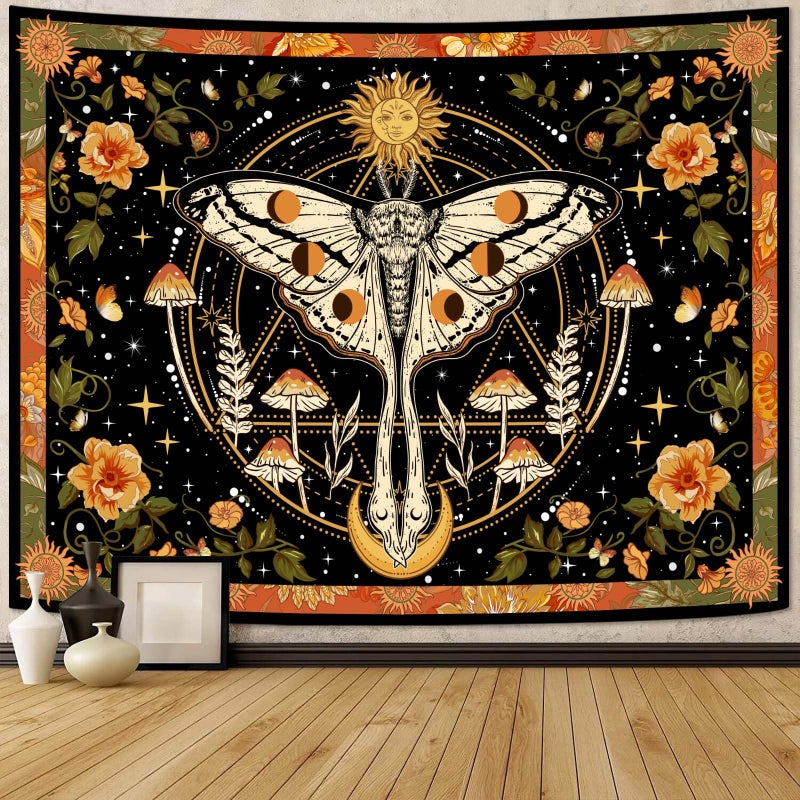 Aipon Orange Moth Tapestry Boho Retro Floral Flowers Tapestries Aesthetic Vintage Mushroom Tapestries for Bedroom Indie Sun Moon Tapestry Wall Hanging for Living Room Dorm (40'' × 30'') - Image 1