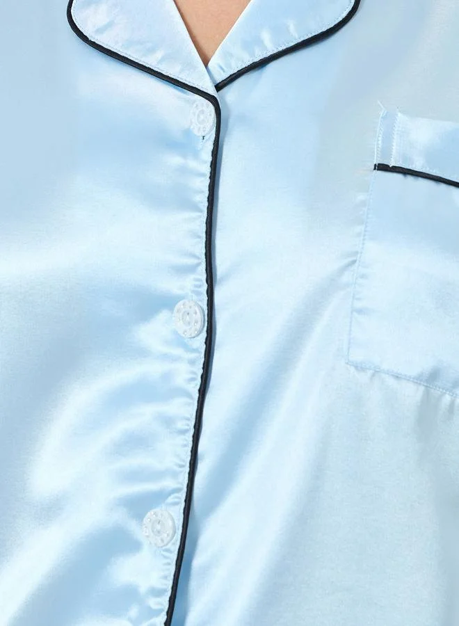 Take Two Light Blue Light Blue Solid Piping Detail Shirt and Shorts Set for Women | Best Price UAE