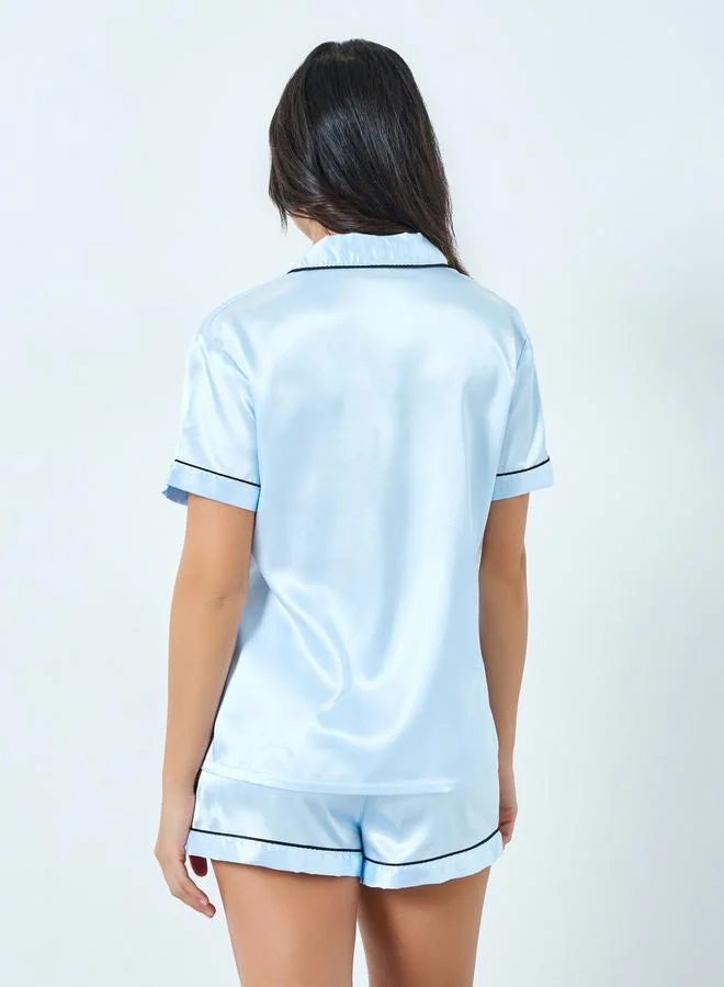 Take Two Light Blue Light Blue Solid Piping Detail Shirt and Shorts Set for Women | Best Price UAE