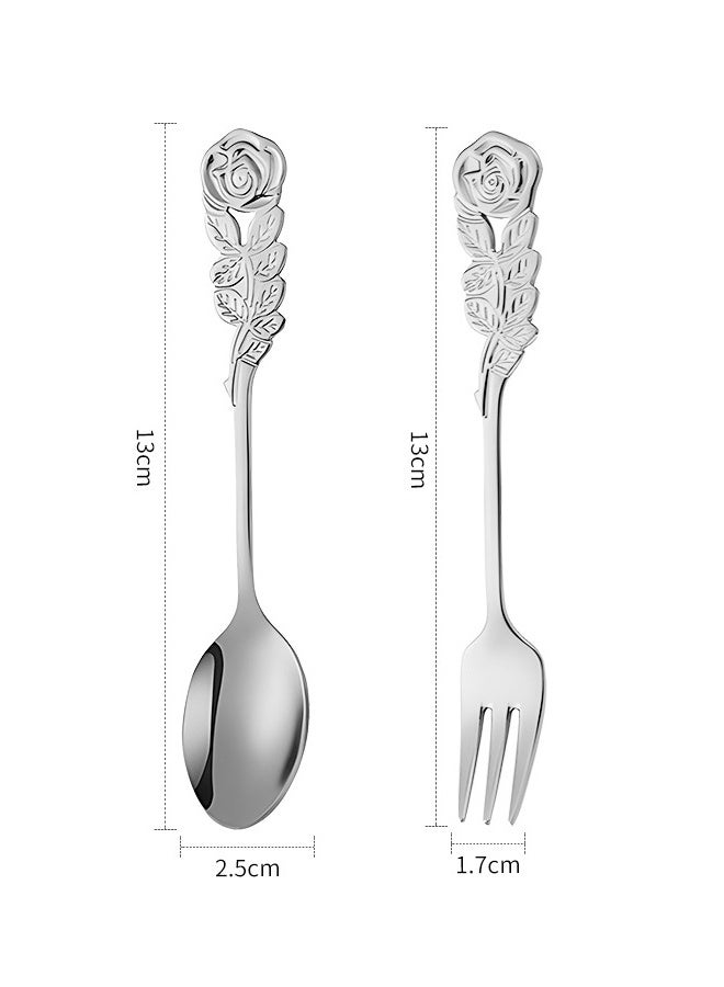 4 Pcs Rose Handle Spoon Fork Set 5.1inch Stainless Steel Flatware for Coffee Tea Dessert Ice Cream Appetizer Fruit - Image 2